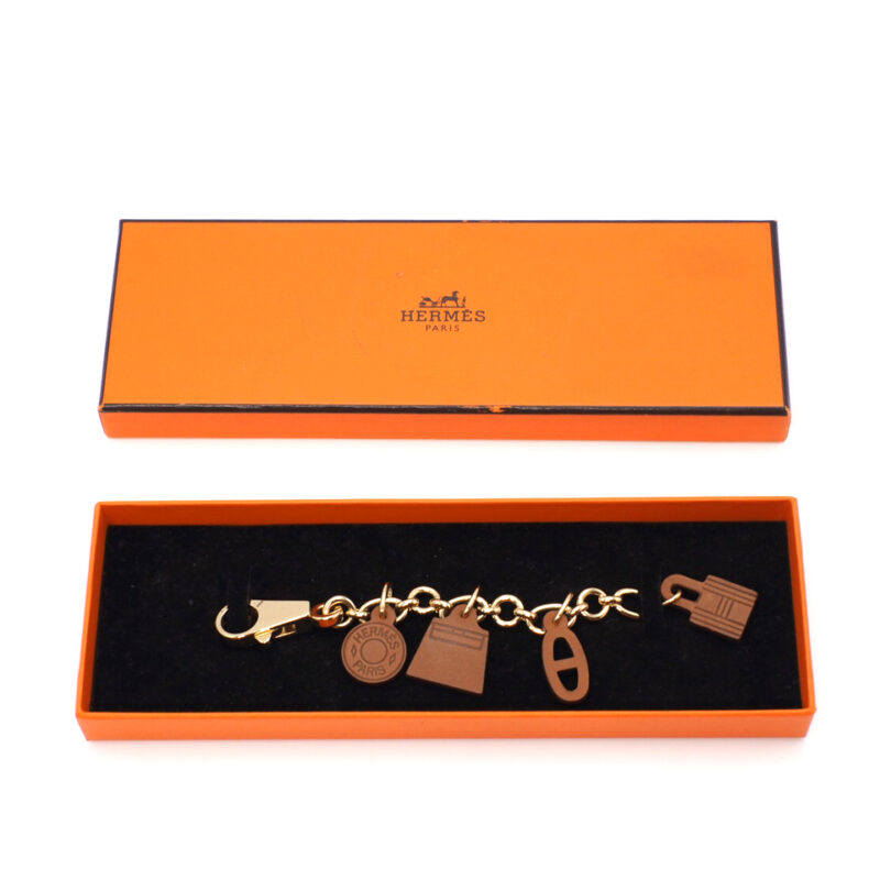 Hermes Olga Amulet 4 Bag Charm Keychain Brown/ Fauve Vau Barenia Leather Gold / Bracelet