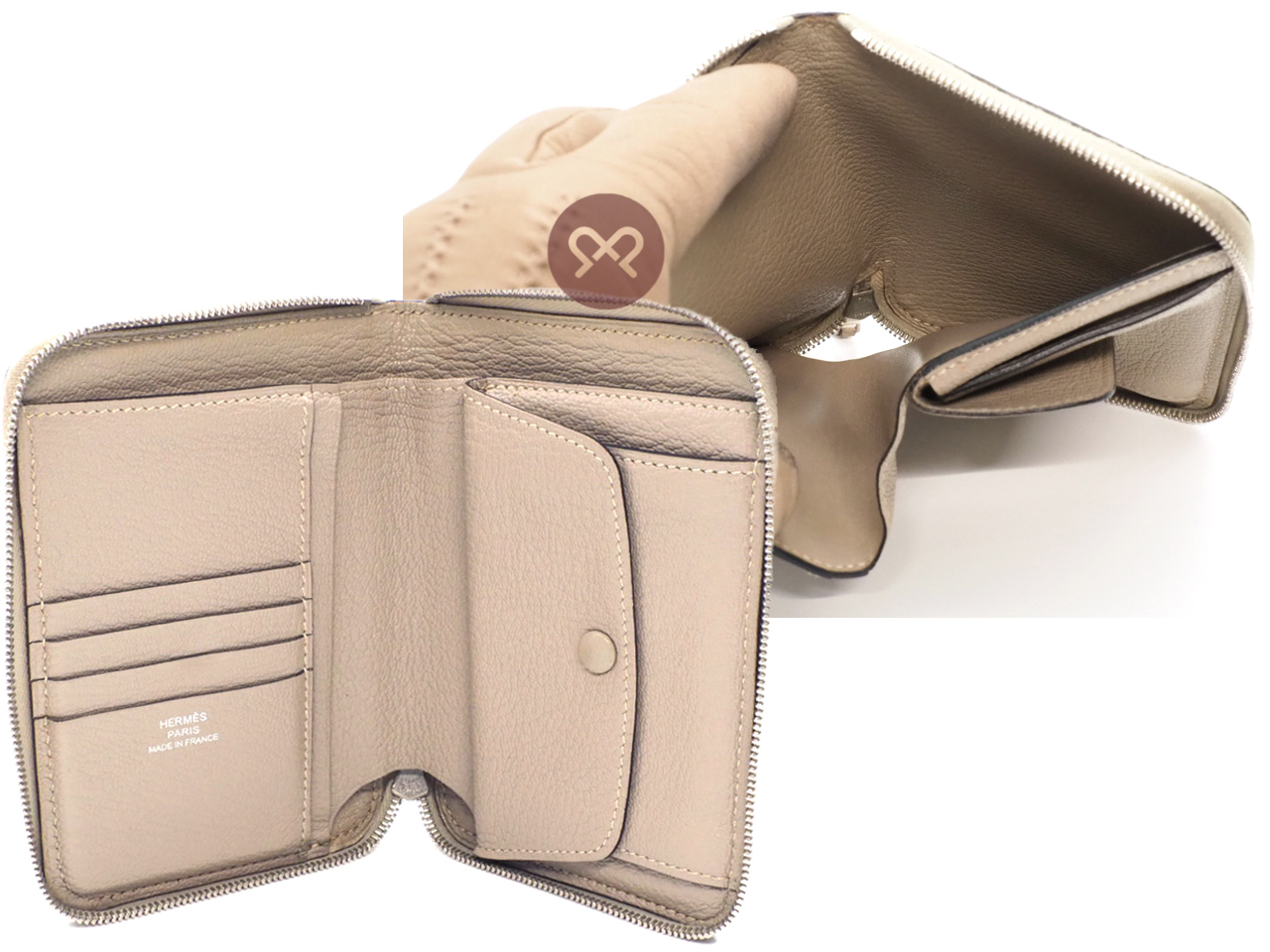 Hermes Beige/ Taupe Mysore Leather Azap Vertical Compact Wallet N Square Stamp - Image 3