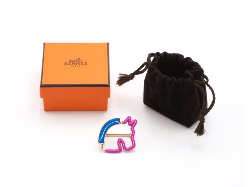 Hermès Multicolor Horse Cheval Scarf Ring Neon Pink Blue Gold Hardware