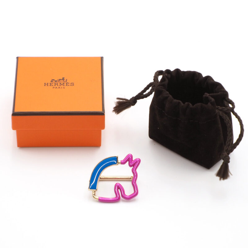 Hermès Multicolor Horse Cheval Scarf Ring Neon Pink Blue Gold Hardware