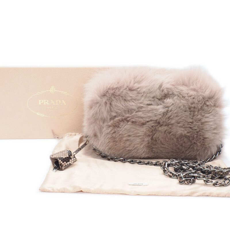 Prada Pink/ Brown Fox Fur Snakeskin Chain Camera Crossbody Bag