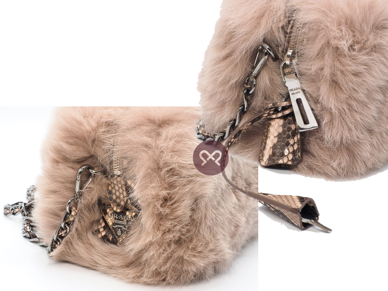 Prada Pink/ Brown Fox Fur Snakeskin Chain Camera Crossbody Bag - Image 3