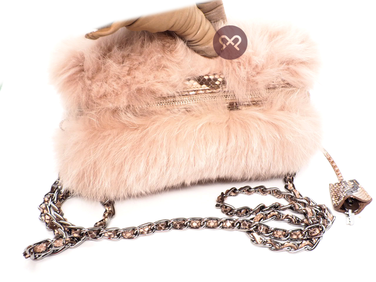 Prada Pink/ Brown Fox Fur Snakeskin Chain Camera Crossbody Bag - Image 5