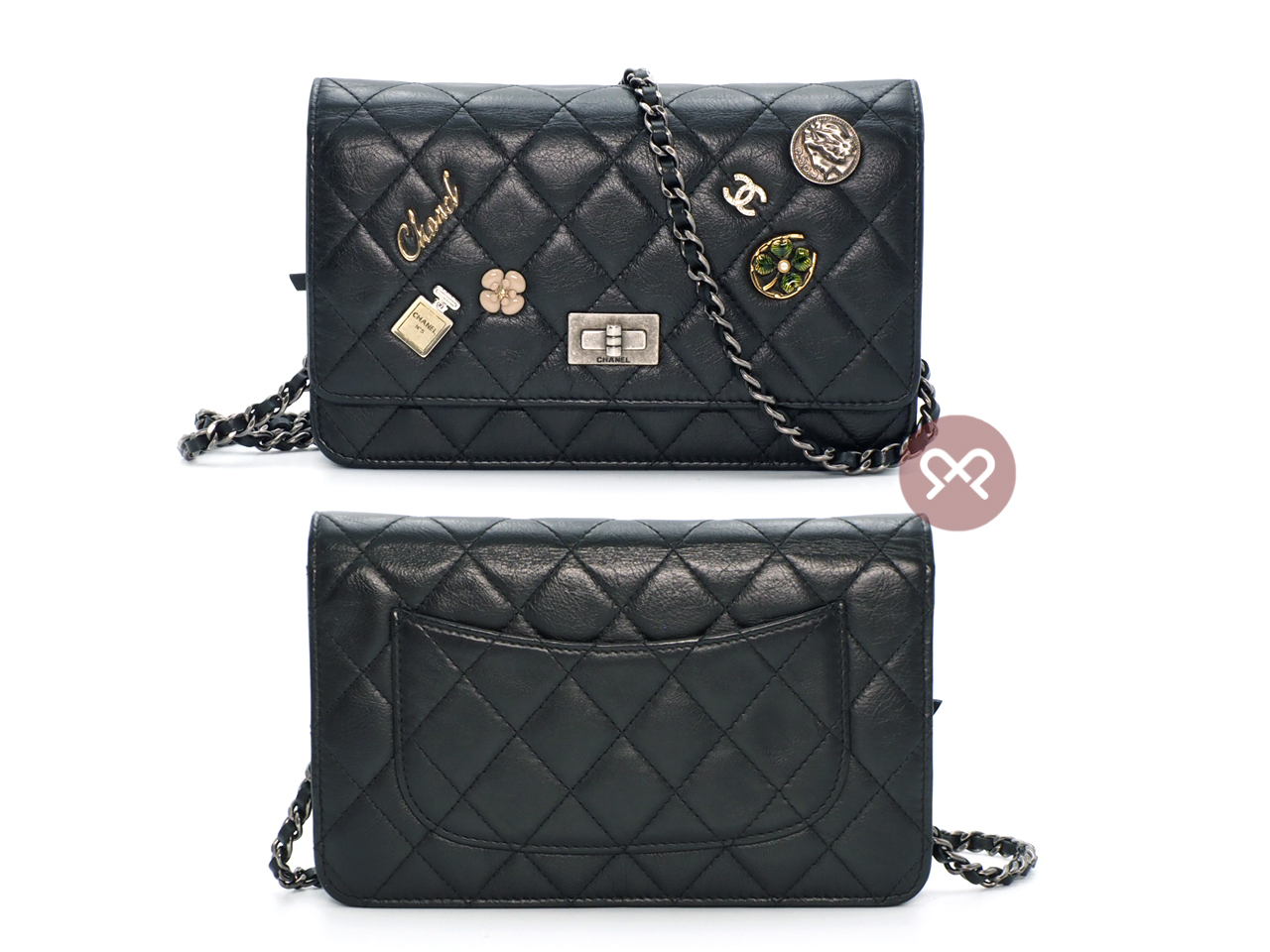 CHANEL 20930159 Black Aged Calfskin Quilted Lucky Charms 2.55 Reissue Wallet on Chain Ruthenium Hardware - Image 3