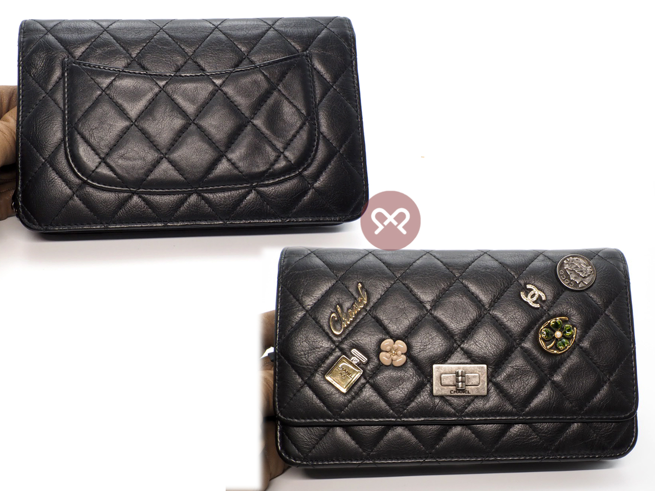 CHANEL 20930159 Black Aged Calfskin Quilted Lucky Charms 2.55 Reissue Wallet on Chain Ruthenium Hardware - Image 5