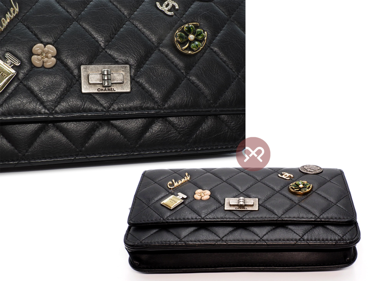 CHANEL 20930159 Black Aged Calfskin Quilted Lucky Charms 2.55 Reissue Wallet on Chain Ruthenium Hardware - Image 6