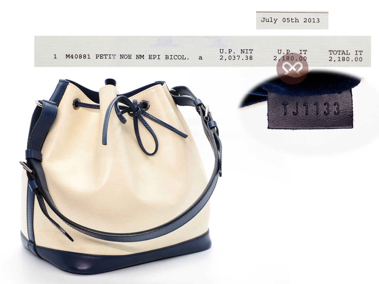 Louis Vuitton M40881 Biocolor Ivory/ Blue Epi Leather Petit Noe Drawstring Bucket Bag (TJ1133) - Image 2