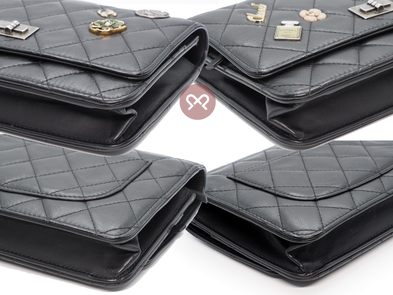 CHANEL 20930159 Black Aged Calfskin Quilted Lucky Charms 2.55 Reissue Wallet on Chain Ruthenium Hardware - Image 10