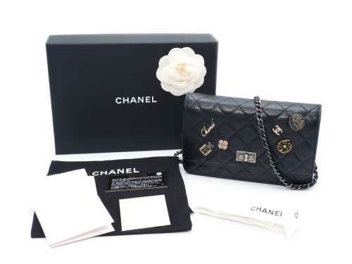 CHANEL 20930159 Black Aged Calfskin Quilted Lucky Charms 2.55 Reissue Wallet on Chain Ruthenium Hardware