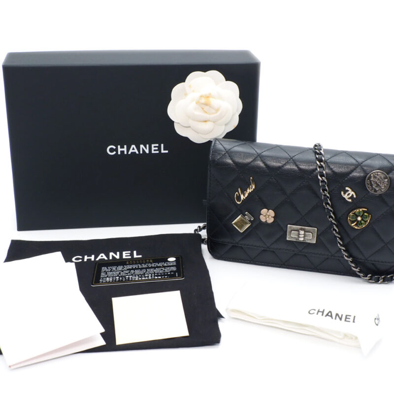 CHANEL 20930159 Black Aged Calfskin Quilted Lucky Charms 2.55 Reissue Wallet on Chain Ruthenium Hardware