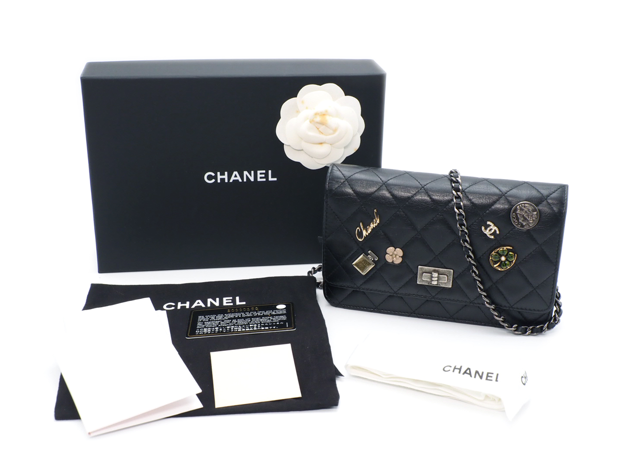 CHANEL 20930159 Black Aged Calfskin Quilted Lucky Charms 2.55 Reissue Wallet on Chain Ruthenium Hardware