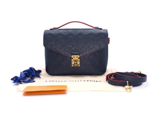 Louis Vuitton M44071 Monogram Empreinte Leather Navy Blue/ Red Pochette Metis Bag (AR1200) + DHL Shipping & Insurance