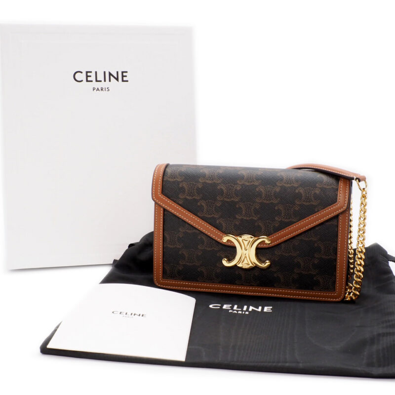 BRAND NEW ! Celine Tan Margo in Triomphe Canvas/ Calfskin Wallet on Chain