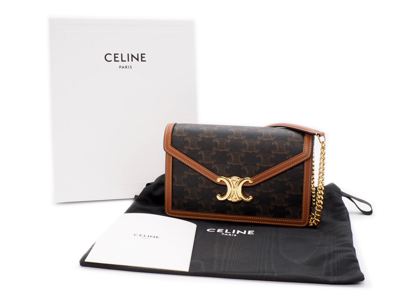BRAND NEW ! Celine Tan Margo in Triomphe Canvas/ Calfskin Wallet on Chain