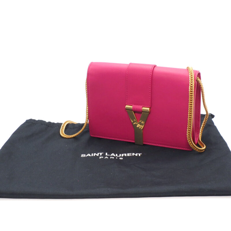 Saint Laurent Paris / YSL 393593 Fuchsia Pink Leather Mini Chyc Ligne Y Chain Wallet Clutch/ Shoulder/ Sling Bag