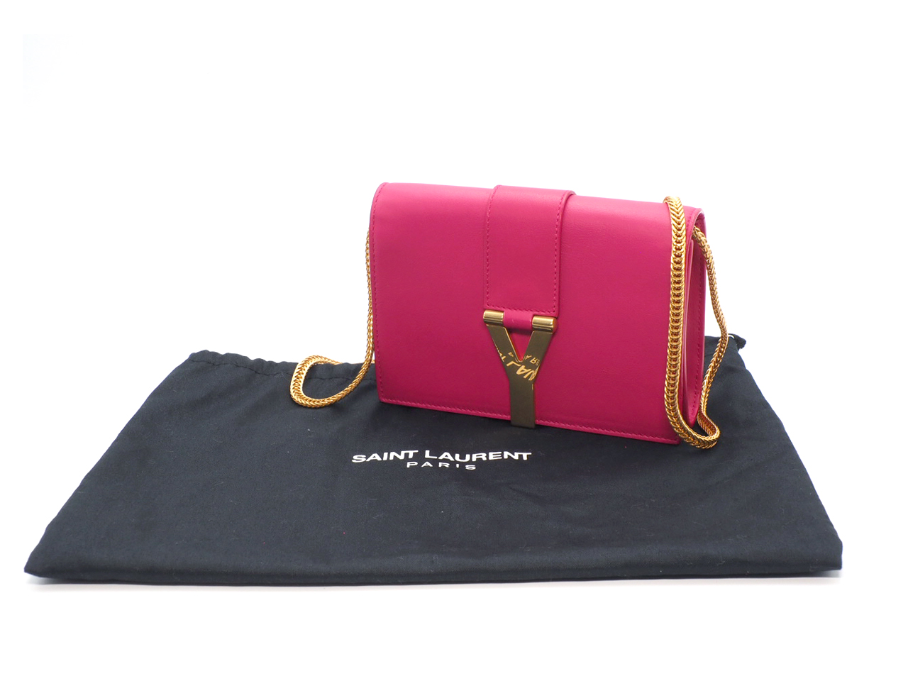Saint Laurent Paris / YSL 393593 Fuchsia Pink Leather Mini Chyc Ligne Y Chain Wallet Clutch/ Shoulder/ Sling Bag