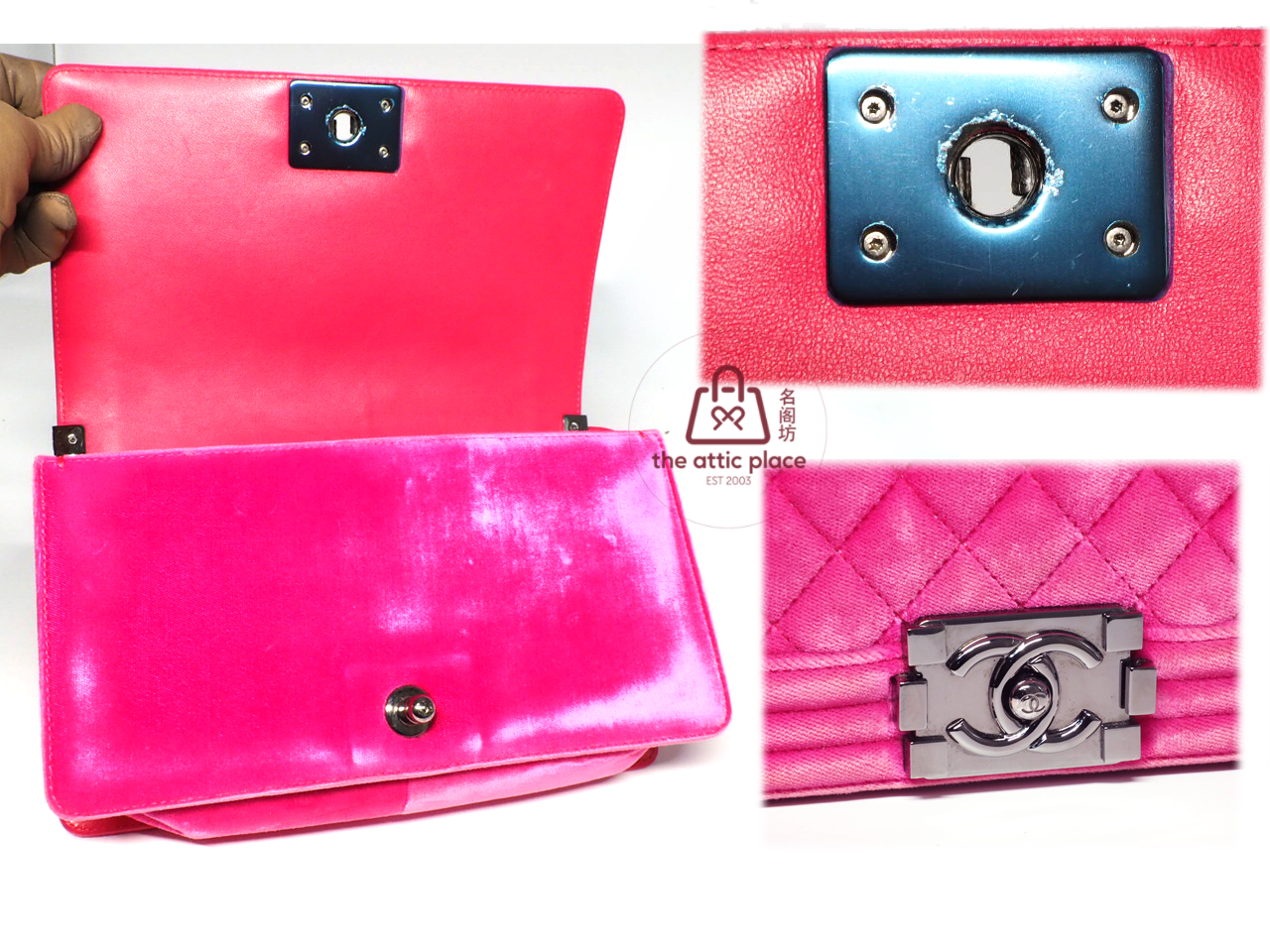 Chanel 21480416 Hot Fuschia Pink Velvet Medium Chanel Boy Bag Silver-Tone Hardware - Image 6