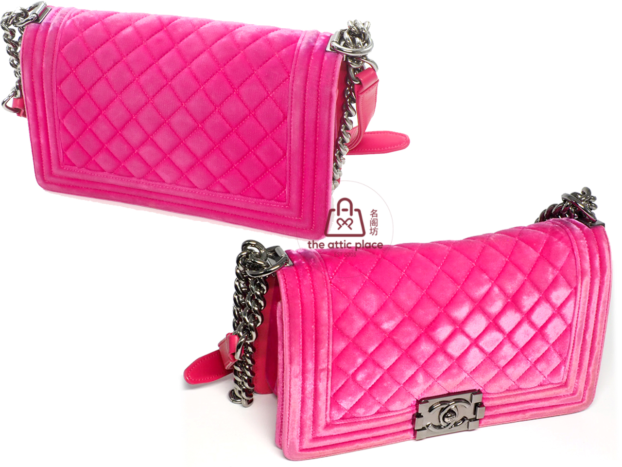 Chanel 21480416 Hot Fuschia Pink Velvet Medium Chanel Boy Bag Silver-Tone Hardware - Image 4