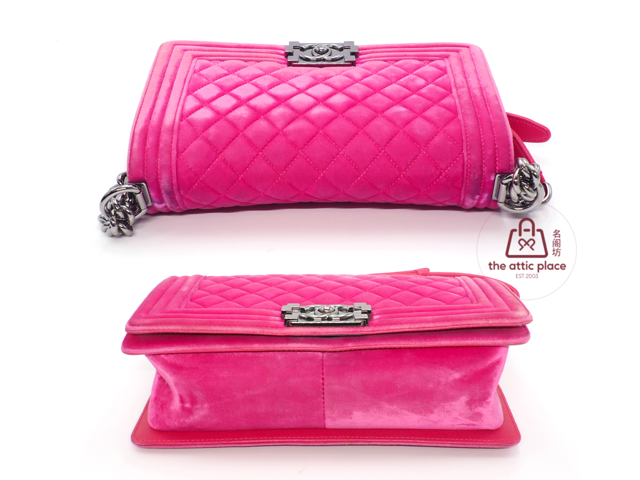 Chanel 21480416 Hot Fuschia Pink Velvet Medium Chanel Boy Bag Silver-Tone Hardware - Image 5
