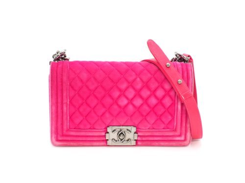 Chanel 21480416 Hot Fuschia Pink Velvet Medium Chanel Boy Bag Silver-Tone Hardware