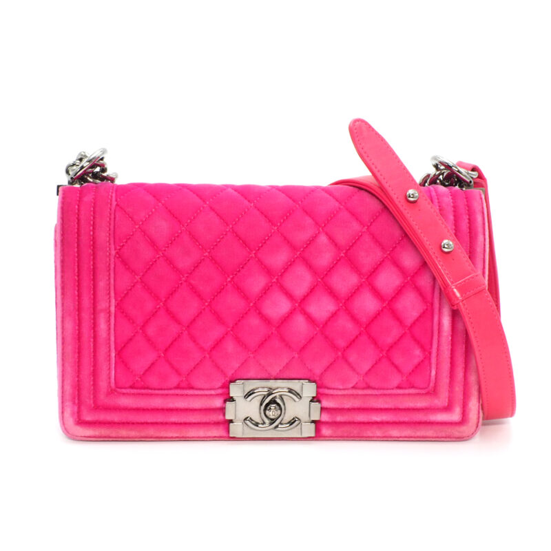 Chanel 21480416 Hot Fuschia Pink Velvet Medium Chanel Boy Bag Silver-Tone Hardware