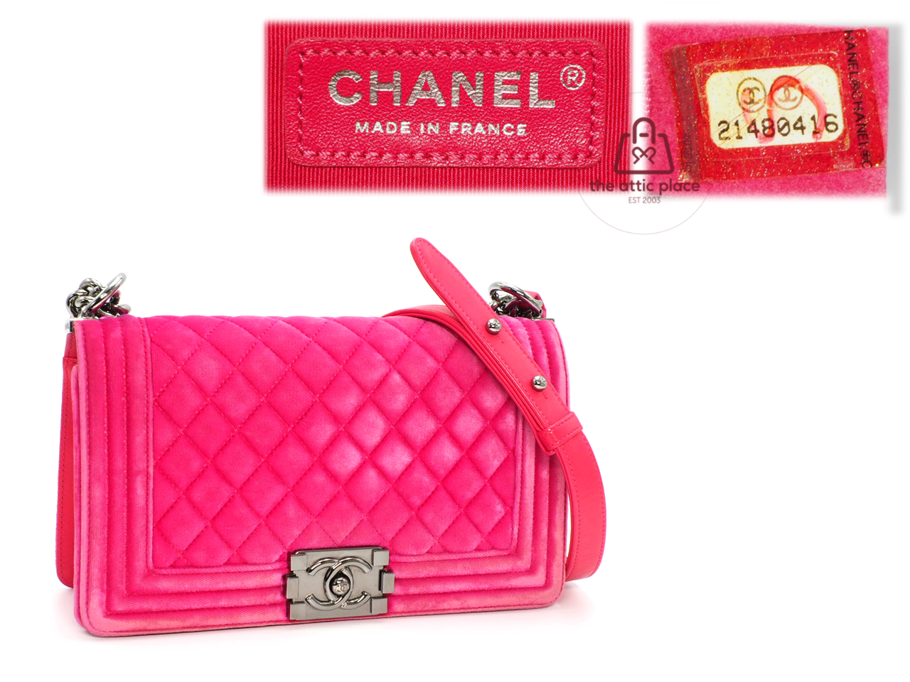 Chanel 21480416 Hot Fuschia Pink Velvet Medium Chanel Boy Bag Silver-Tone Hardware - Image 2