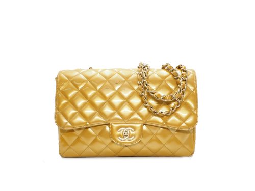 Chanel 13541207 Beige/ Gold Yellow Patent Jumbo Single Flap Mat Gold Hardware