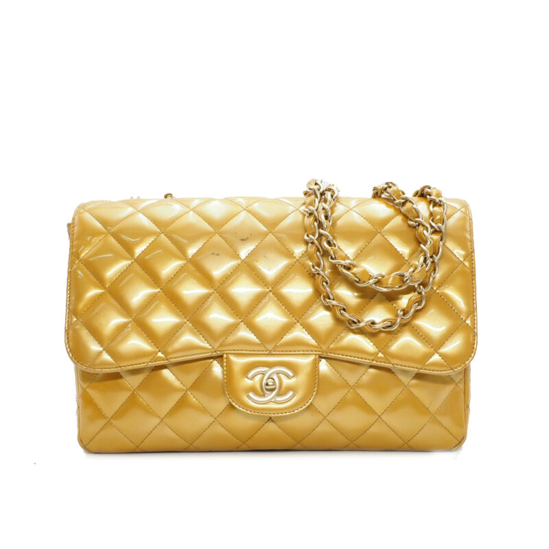 Chanel 13541207 Beige/ Gold Yellow Patent Jumbo Single Flap Mat Gold Hardware