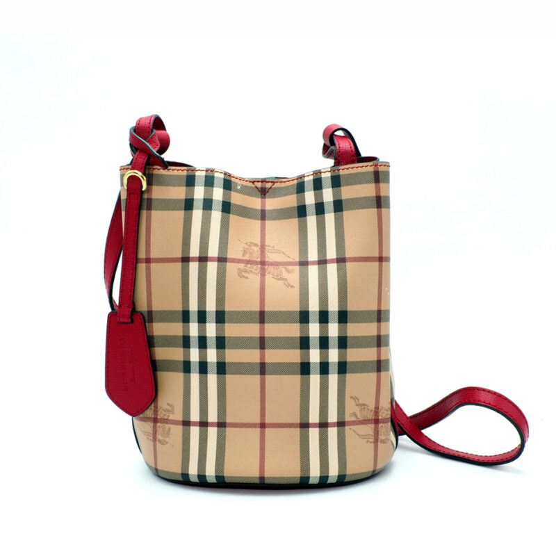 Burberry Red Lorne Bucket Drawstring Haymarket Coated Canvas Small Crossbody Bag
