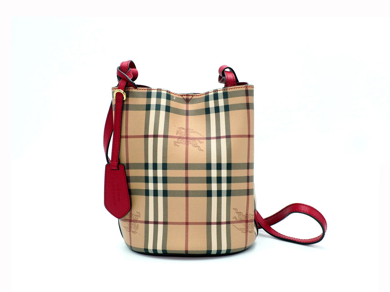 Burberry Red Lorne Bucket Drawstring Haymarket Coated Canvas Small Crossbody Bag