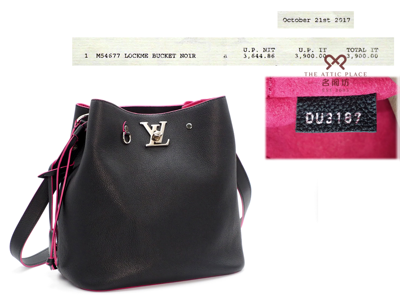 Louis Vuitton M54677 Taurillion Black/ Hot Pink Leather Lockme Bucket (DU3167) - Image 2