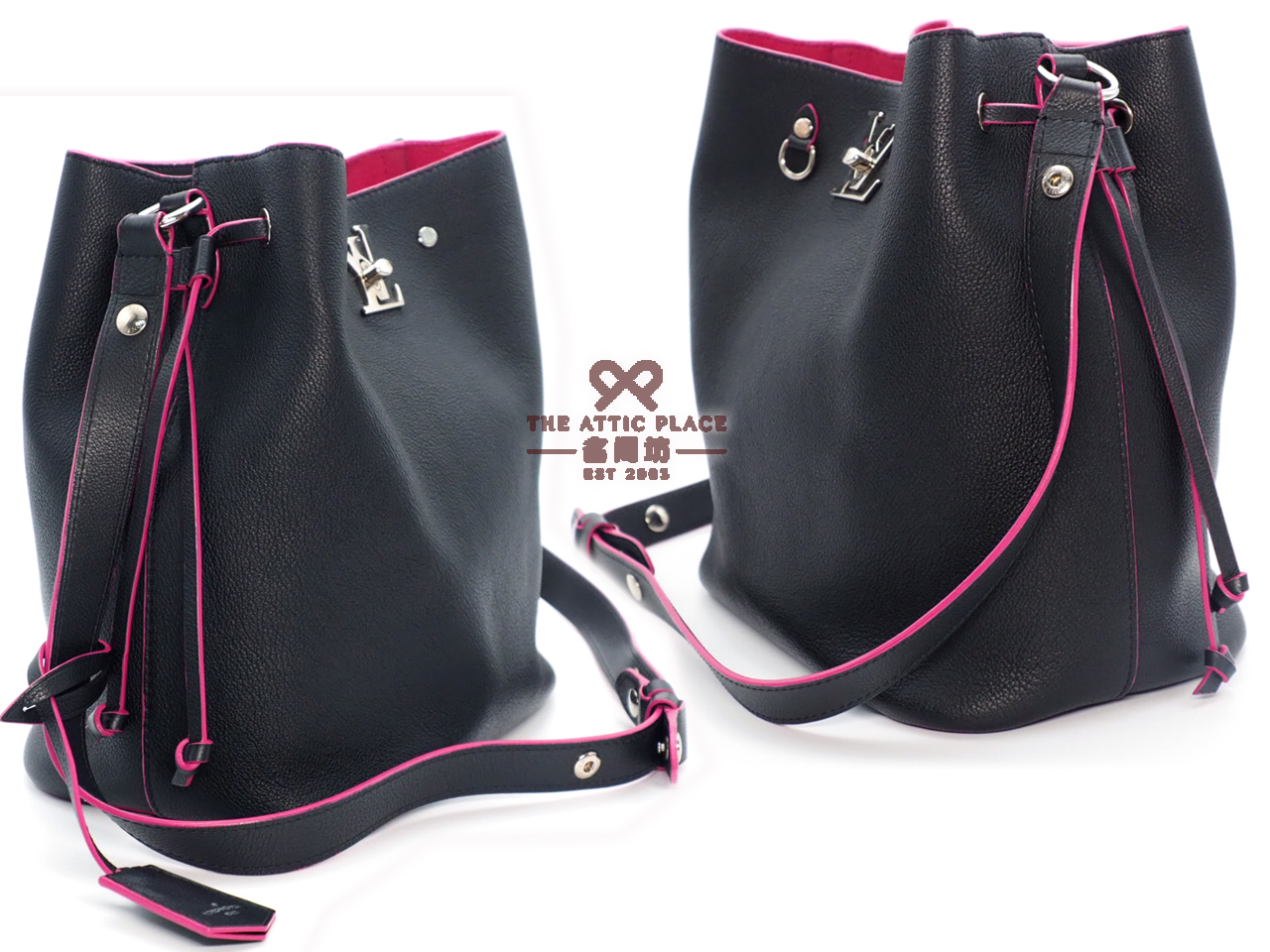 Louis Vuitton M54677 Taurillion Black/ Hot Pink Leather Lockme Bucket (DU3167) - Image 6