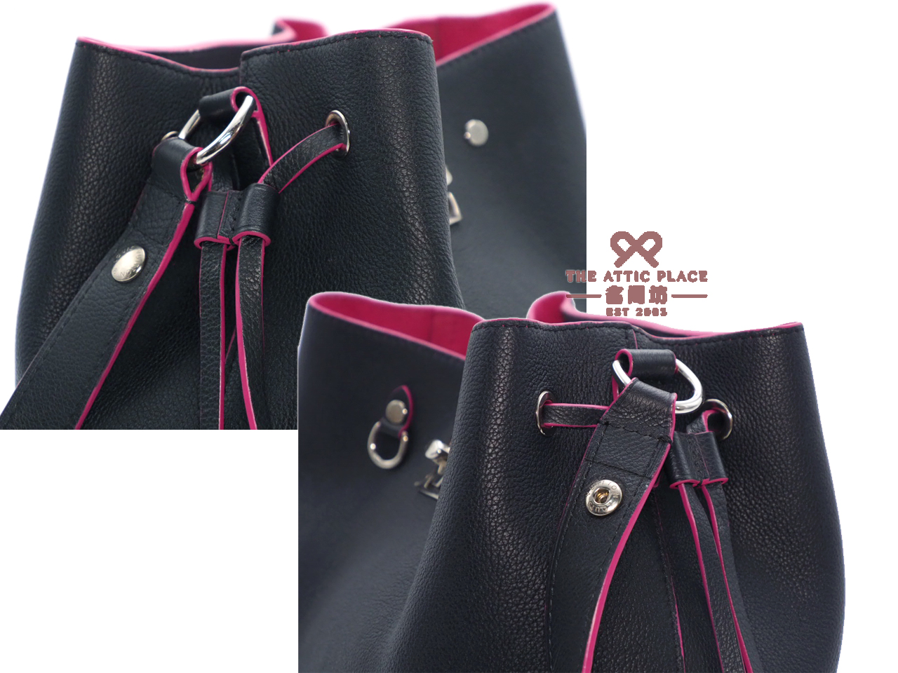 Louis Vuitton M54677 Taurillion Black/ Hot Pink Leather Lockme Bucket (DU3167) - Image 7