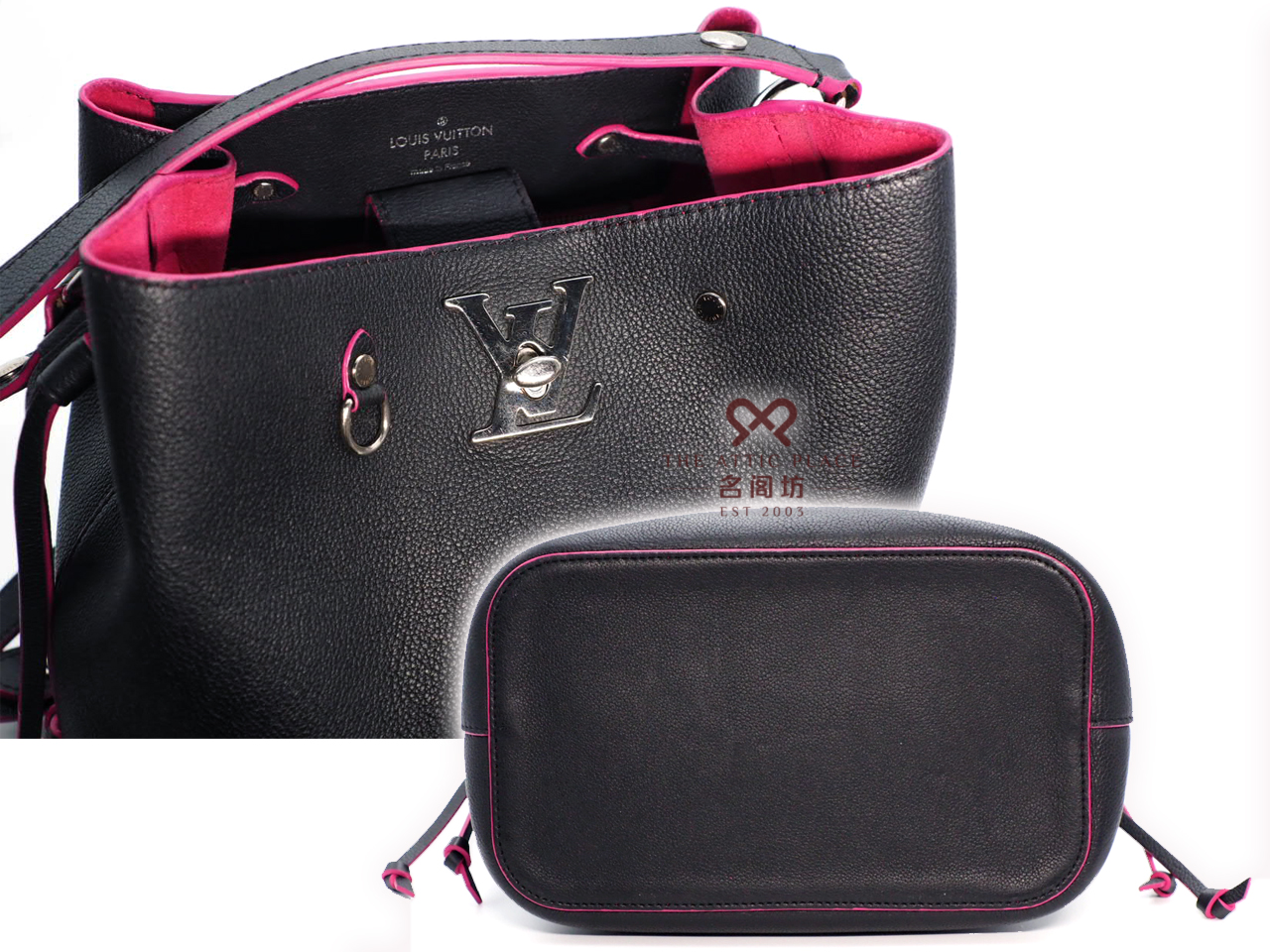 Louis Vuitton M54677 Taurillion Black/ Hot Pink Leather Lockme Bucket (DU3167) - Image 5