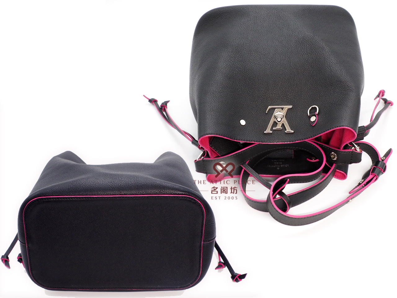 Louis Vuitton M54677 Taurillion Black/ Hot Pink Leather Lockme Bucket (DU3167) - Image 4