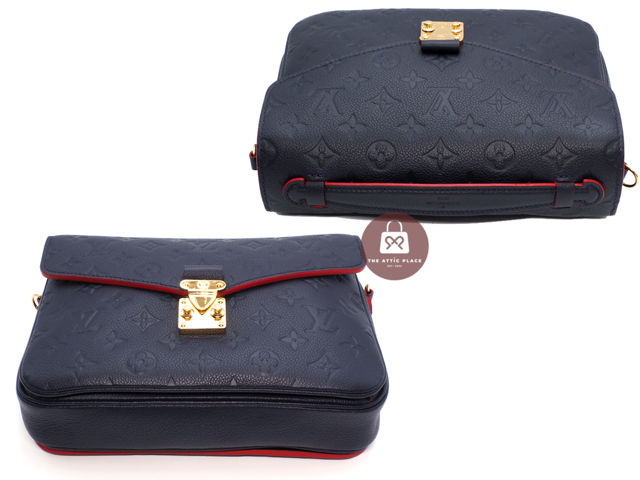 Almost New ! Louis Vuitton M44071 Monogram Empreinte Leather Navy Blue/ Red Pochette Metis Messenger Bag (DU2198)) - Image 4