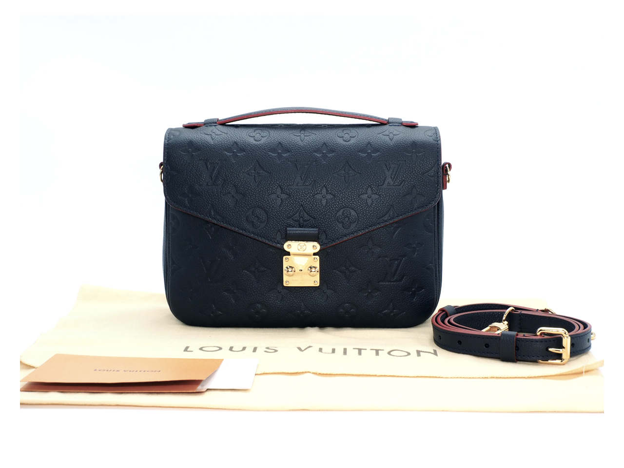 Almost New ! Louis Vuitton M44071 Monogram Empreinte Leather Navy Blue/ Red Pochette Metis Messenger Bag (DU2198))