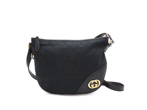 Gucci 169998 Black GG Monogram Medium New Britt Half Moon Canvas/ Leather Trim Hobo Messenger Bag