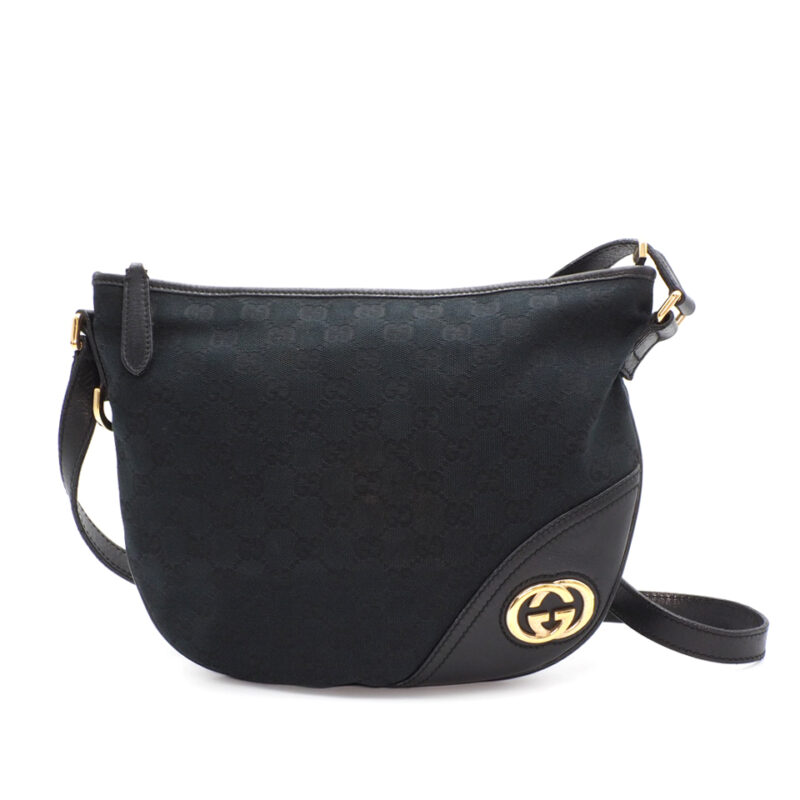 Gucci 169998 Black GG Monogram Medium New Britt Half Moon Canvas/ Leather Trim Hobo Messenger Bag