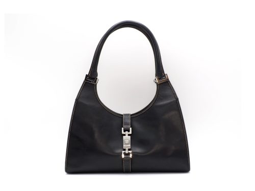 Gucci 01719 Black Vintage Smooth calfskin Small Jackie O Hobo Tote Bag