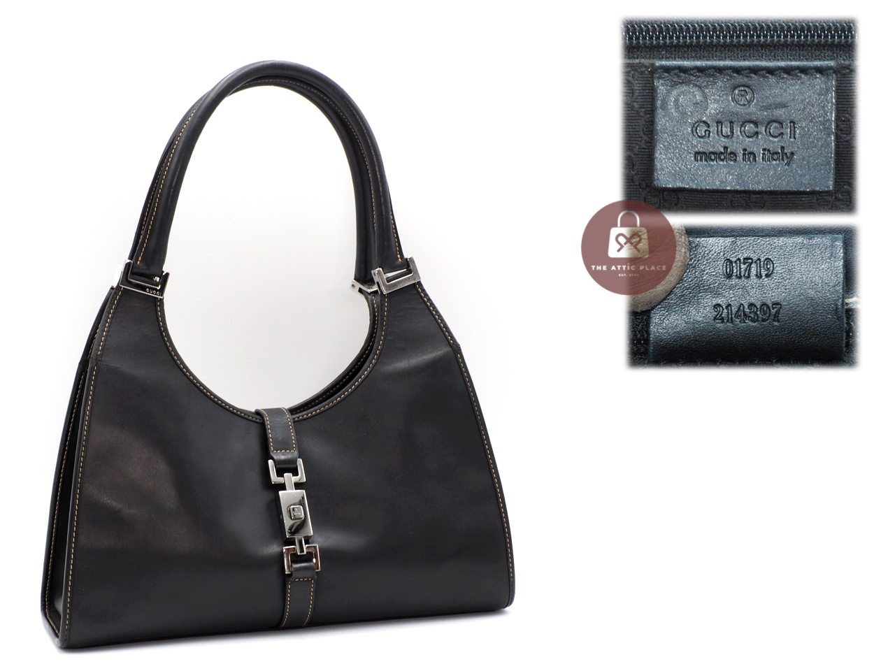 Gucci 01719 Black Vintage Smooth calfskin Small Jackie O Hobo Tote Bag - Image 2