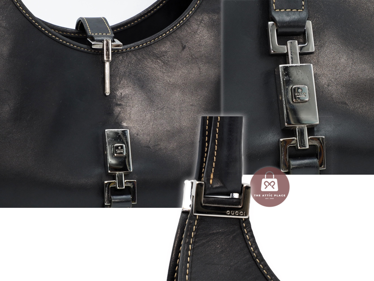 Gucci 01719 Black Vintage Smooth calfskin Small Jackie O Hobo Tote Bag - Image 5