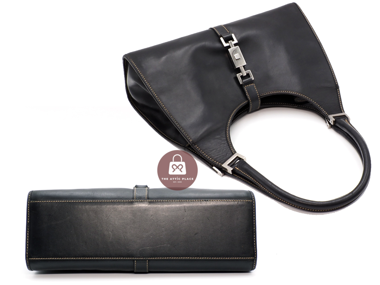 Gucci 01719 Black Vintage Smooth calfskin Small Jackie O Hobo Tote Bag - Image 4