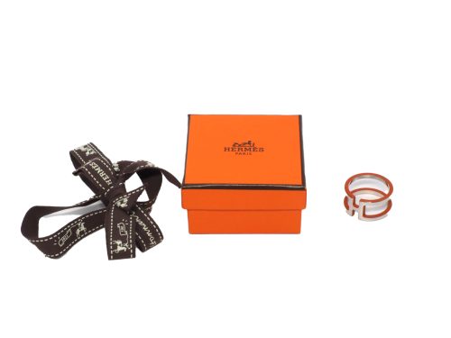 Hermes H en Rond scarf 90 Ring Palladium/ Laque Orange Hardware/ Pendant