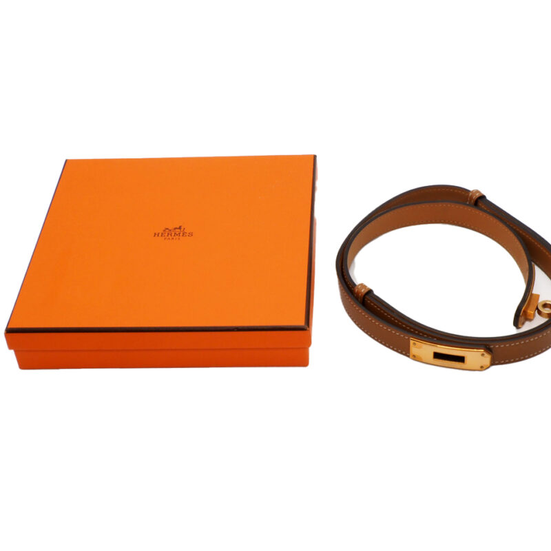 Hermes Gold/ Tan Epsom Leather Adjustable Kelly Buckle Belt Rose Gold Hardware