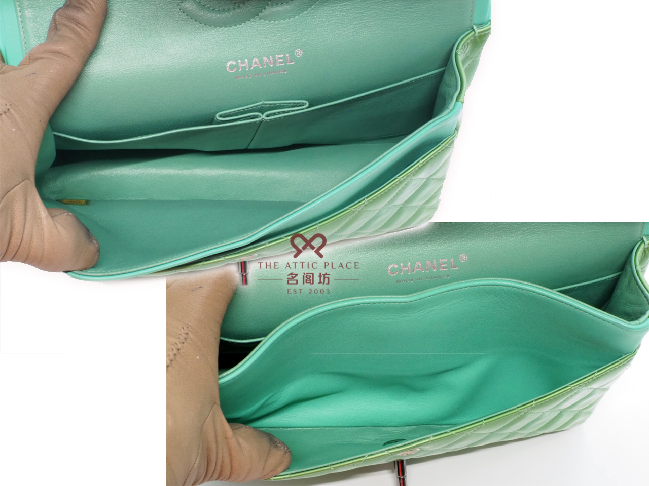 Chanel 17599337 Green/ Turqoise Patent Leather 25cm Classic Medium Double Flap Silver Hardware - Image 9