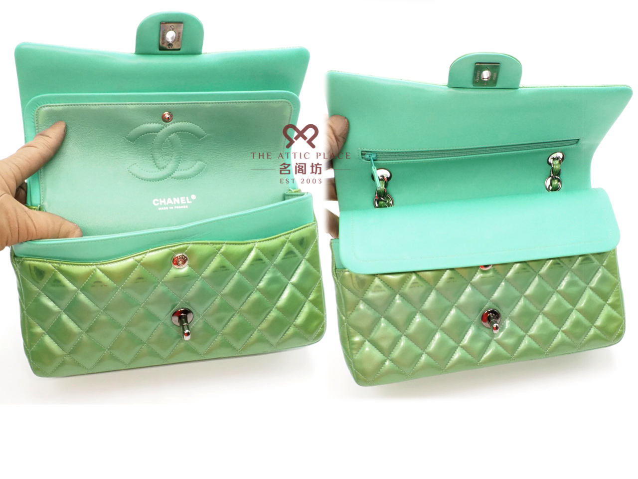 Chanel 17599337 Green/ Turqoise Patent Leather 25cm Classic Medium Double Flap Silver Hardware - Image 7