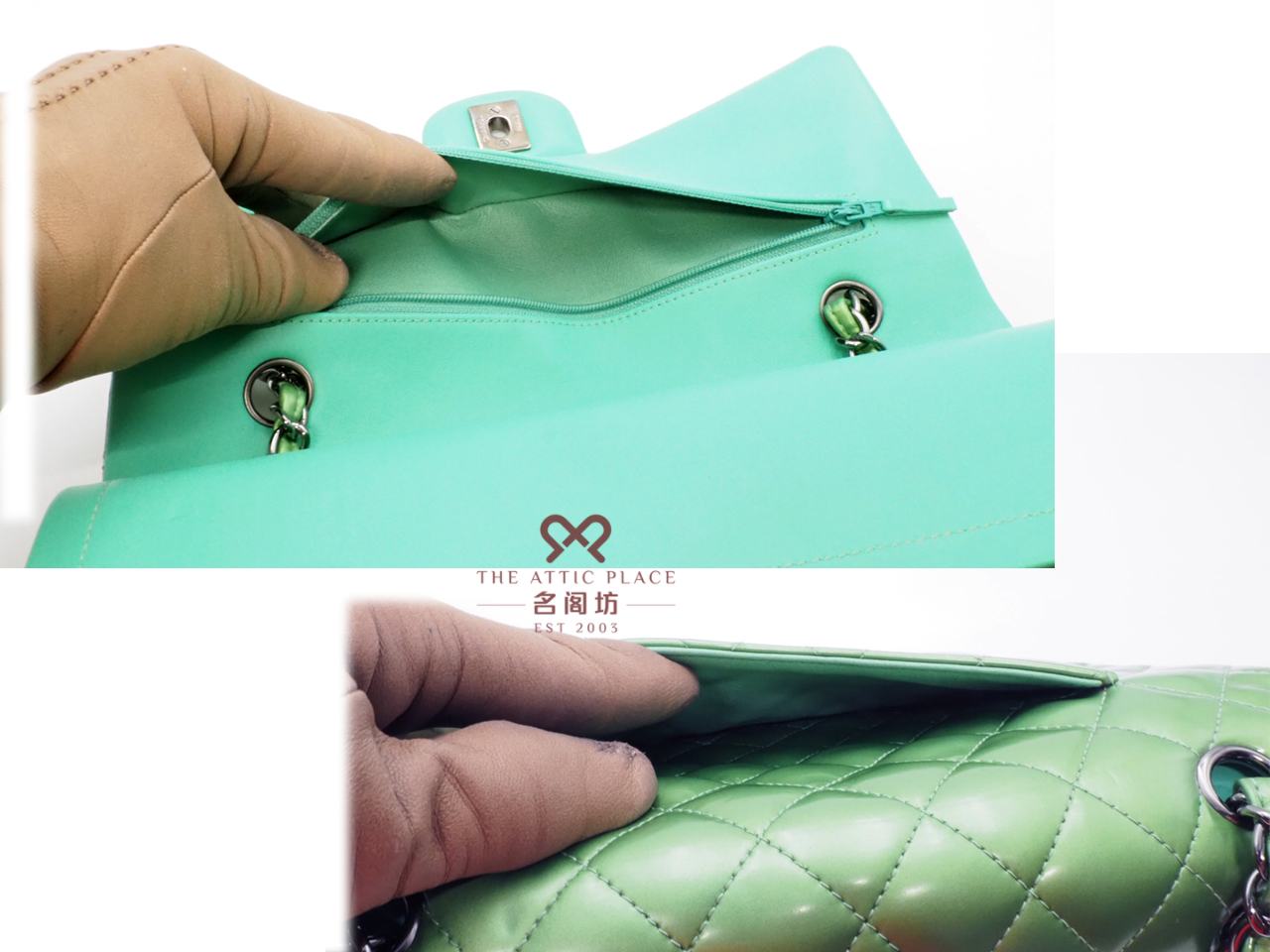 Chanel 17599337 Green/ Turqoise Patent Leather 25cm Classic Medium Double Flap Silver Hardware - Image 10