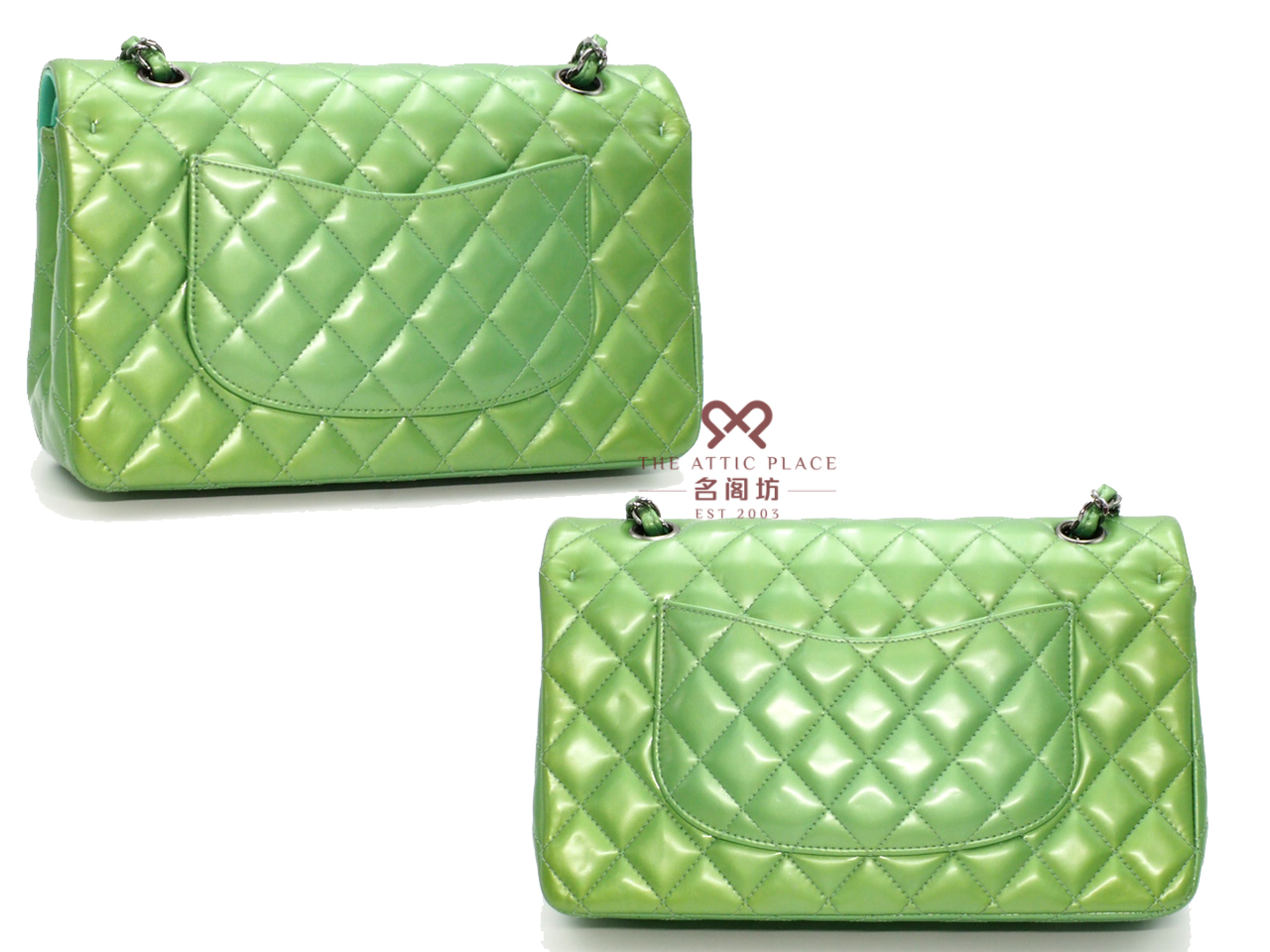 Chanel 17599337 Green/ Turqoise Patent Leather 25cm Classic Medium Double Flap Silver Hardware - Image 3
