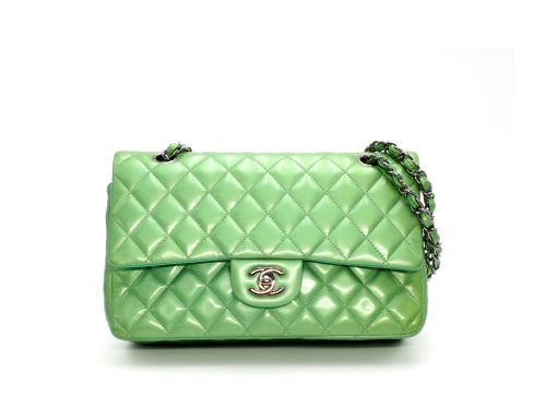 Chanel 17599337 Green/ Turqoise Patent Leather 25cm Classic Medium Double Flap Silver Hardware